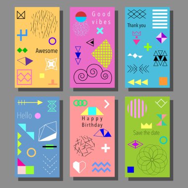 Sanatsal renkli evrensel kart dizisini. Düğün, yıldönümü, doğum günü, tatil, parti. Tasarım poster, kart, davet için. Memphis tarzı