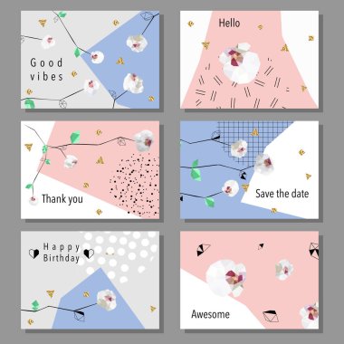 Sanatsal evrensel kart ayarlayın. El ilanları, posterlerini açmaları, afiş, davetiye, broşür için tasarım. Sanatsal yaratıcı şablonlar. Düşük Poli tarzı orkide çiçek.