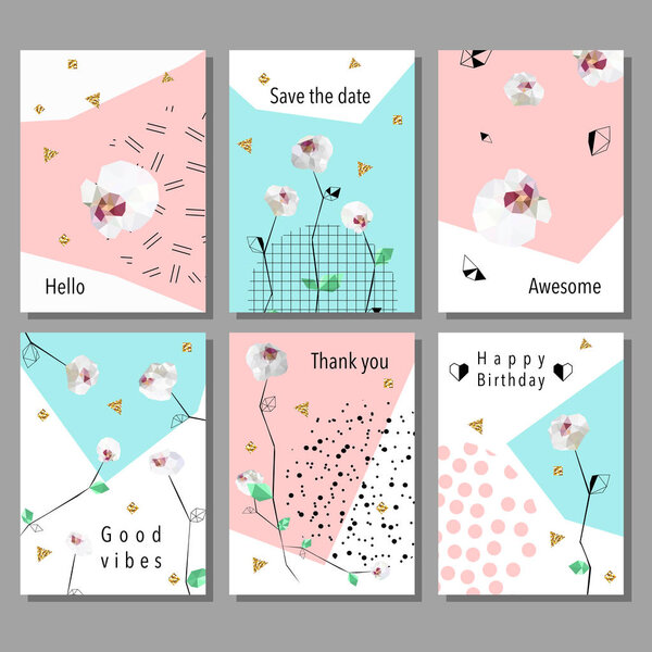 Set artistic universal cards. Design for Flyers, Placards, Posters, Invitations, Brochures. Artistic Creative Templates. Low poly style orchids flowers.