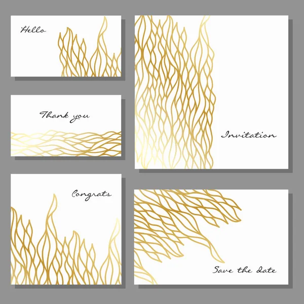 Set of artistic universal cards design templates business in gold, flyers, invitations, abstract flowers in doodle style — Stock Vector