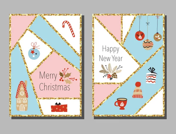Christmas cards set with different signs on Christmas and New Year: wreath, cake, gingerbread house, mittens, toys, gifts and socks. Greeting card, Congratulations, Invitations. — Stock Vector