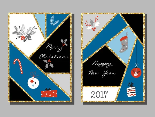 Conjunto de tarjetas de Navidad con diferentes carteles en Navidad y Año Nuevo: corona, pastel, casa de jengibre, manoplas, juguetes, regalos y calcetines. Tarjeta de felicitación, Enhorabuena, Invitaciones . — Vector de stock