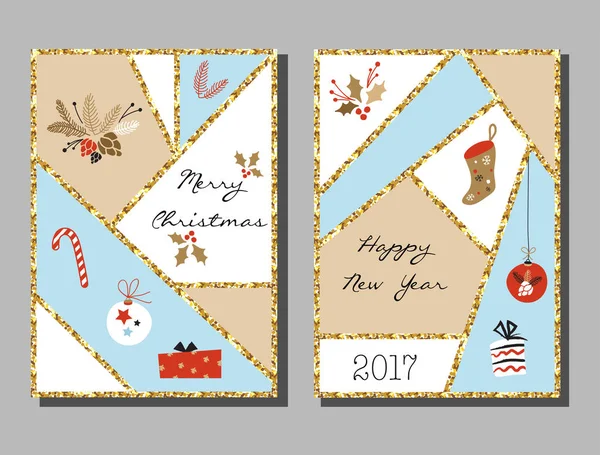 Conjunto de tarjetas de Navidad con diferentes carteles en Navidad y Año Nuevo: corona, pastel, casa de jengibre, manoplas, juguetes, regalos y calcetines. Tarjeta de felicitación, Enhorabuena, Invitaciones . — Vector de stock