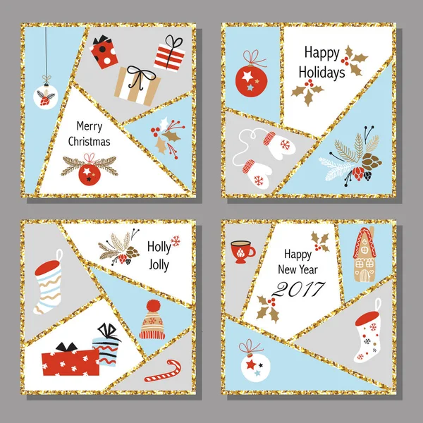 Conjunto de tarjetas de Navidad con diferentes carteles en Navidad y Año Nuevo: corona, pastel, casa de jengibre, manoplas, juguetes, regalos y calcetines. Tarjeta de felicitación, Enhorabuena, Invitaciones . — Vector de stock