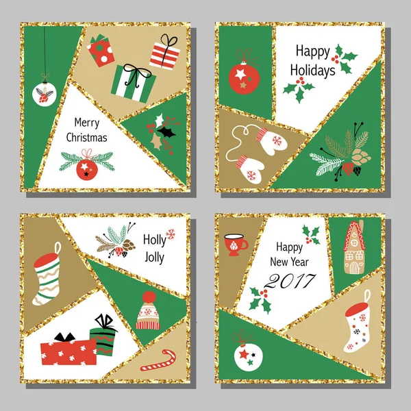 Christmas cards set with different signs on Christmas and New Year: wreath, cake, gingerbread house, mittens, toys, gifts and socks. Greeting card, Congratulations, Invitations. — Stock Vector