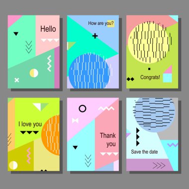 Sanatsal renkli evrensel kart dizisini. Memphis tarzı. Düğün, yıldönümü, doğum günü, tatil, parti. Tasarım poster, kart, davet için. Vektör çizim