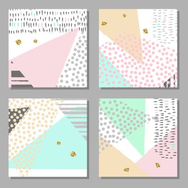 Sanatsal renkli evrensel kart dizisini. Memphis tarzı. Düğün, yıldönümü, doğum günü, tatil, parti. Tasarım poster, kart, davet için. Vektör çizim