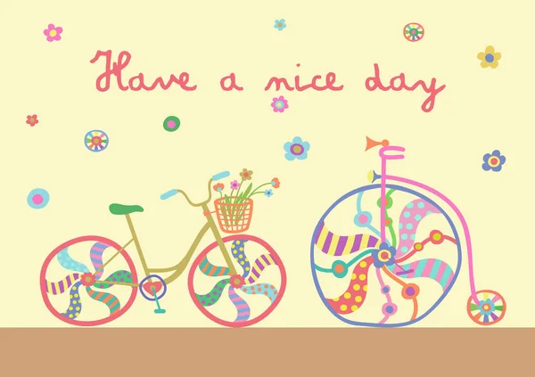 장식적인 바퀴와 귀여운 화려한 아름 다운 자전거 그림 — 스톡 벡터