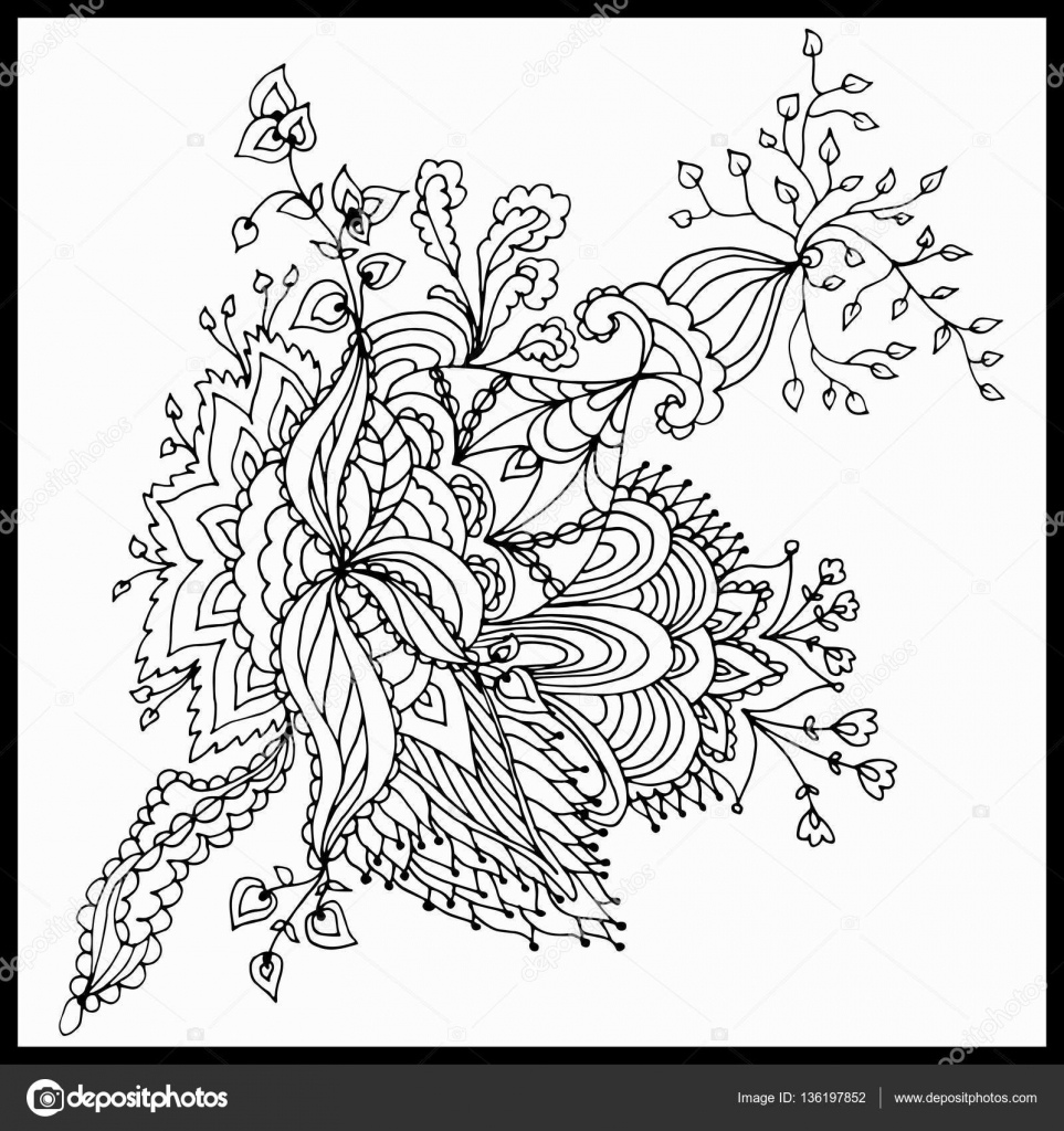 Bellissimo disegno floreale astratto Libro da colorare anti stress per gli adulti Illustrazione di vettore Bianco e nero in stile zentangle — Vettoriali