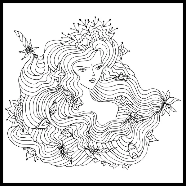 Piękna kobieta głowy z streszczenie włosy z kwiatowy wzór. Kolorowanka anty stres dla dorosłych. Ilustracja wektorowa. Czarne i białe w zentangle stylu. — Wektor stockowy