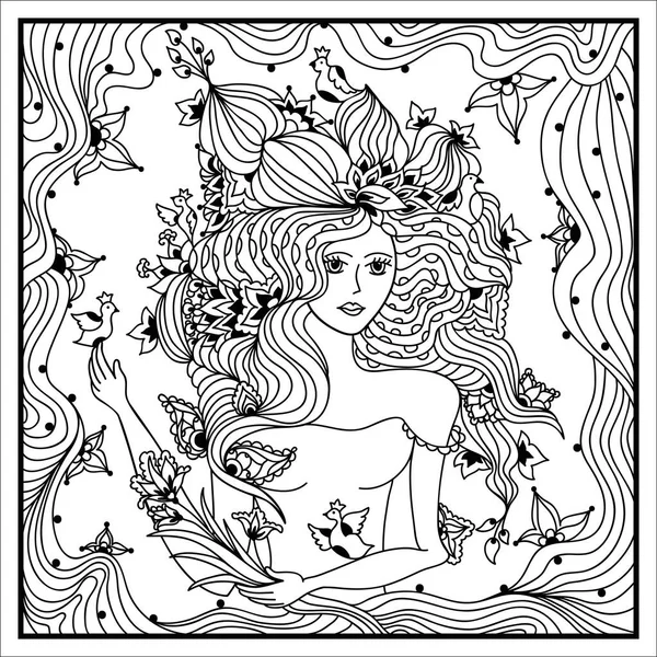 Beautiful woman head with abstract hair with floral design. Coloring book anti stress for adults. Vector illustration. Black and white in zentangle style. — Stock Vector
