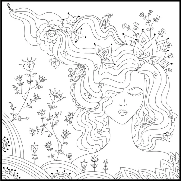 Beautiful woman head with abstract hair with floral design. Coloring book anti stress for adults. Vector illustration. Black and white in zentangle style. — Stock Vector