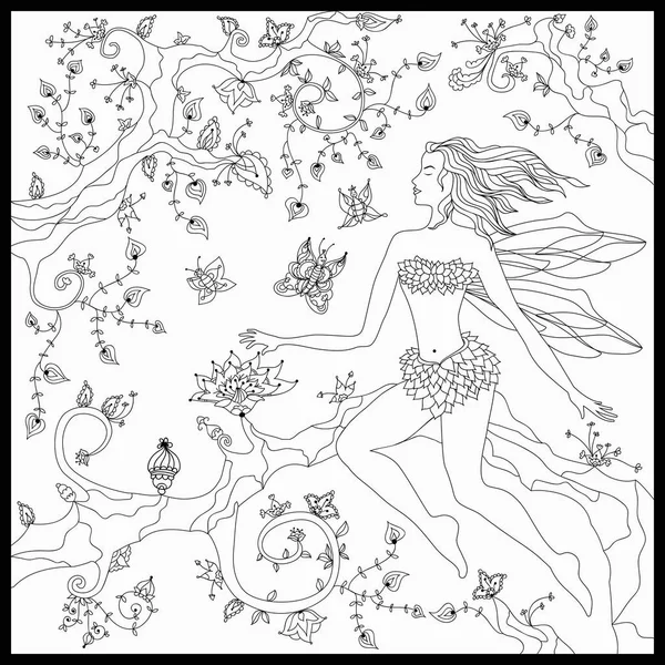 Beautiful fairy sitting on the magic tree. Coloring book anti stress for adults. Vector illustration. Black and white in zentangle style. — Stock Vector