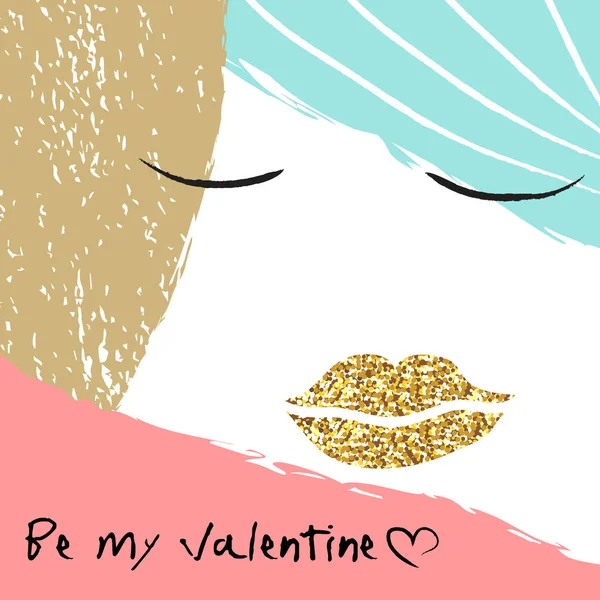 Creative Valentýn ilustrace s portrétem dívka se zlatými rty. Vektorové ilustrace — Stockový vektor