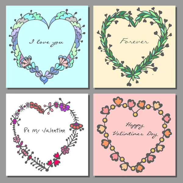 Conjunto de tarjetas Feliz Día de San Valentín. Cuadros florales de corazón de garabato dibujado a mano. Ilustración vectorial . — Archivo Imágenes Vectoriales