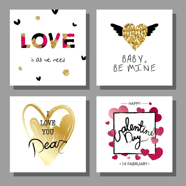 발렌타인의 날 창조적인 예술적인 손으로 그린 카드 설정합니다. 벡터 일러스트입니다. 결혼, 사랑, 로맨틱 템플릿 — 스톡 벡터