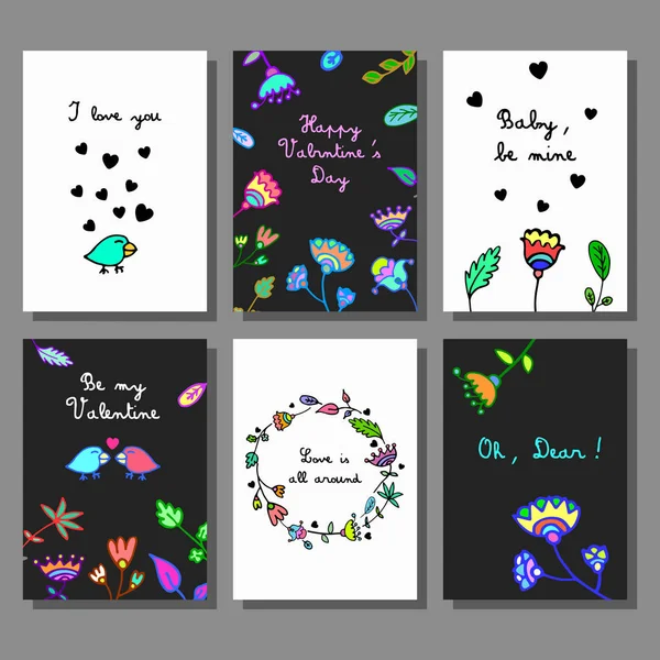 Alentine`s Day creative artistic cards set. Vector illustration. Wedding, love, romantic template — Stock Vector