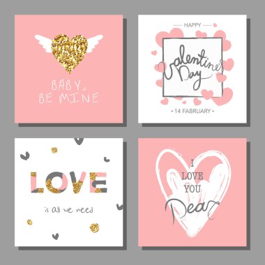 Sevgililer günü yaratıcı sanatsal elle çizilmiş kartları ayarlayın. Vektör çizim. Evlilik, aşk, romantik şablonu.