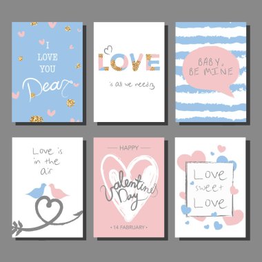 Sevgililer günü yaratıcı sanatsal elle çizilmiş kartları ayarlayın. Vektör çizim. Evlilik, aşk, romantik şablonu.