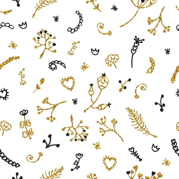 Handgezeichnete Blumen und Pflanzen nahtloses Muster mit goldener Textur. Vektorillustration — Stockvektor