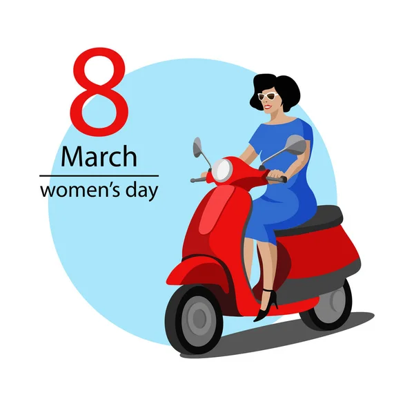 8 Mart scooter üzerinde oturan bir Bayan ile kart tasarımı. Dünya Kadınlar günü arka plan. Vektör çizim — Stok Vektör