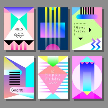 Sanatsal renkli evrensel kart dizisini. Memphis tarzı. Düğün, yıldönümü, doğum günü, tatil, parti. Tasarım poster, kart, davet için. Vektör çizim