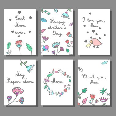 Anneler günü kartları ile çiçek arka plan ayarlayın. Doodle stil şablonu, tebrik kartı. Vektör çizim