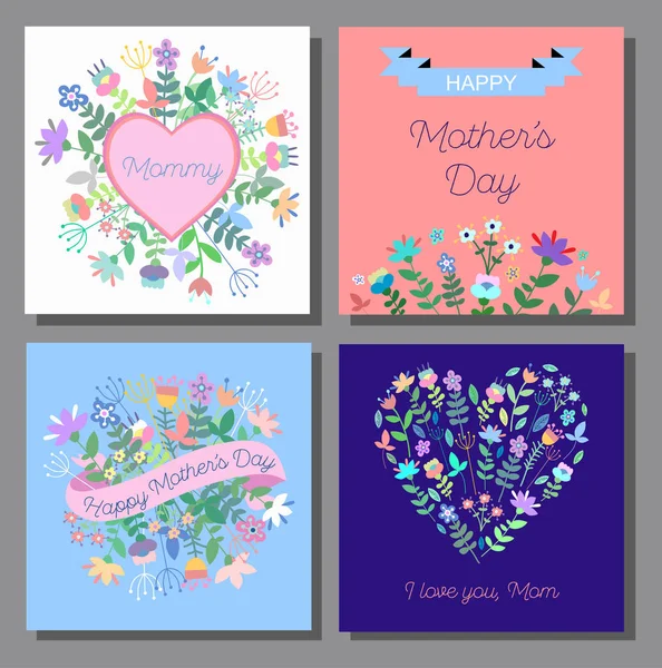 Mother's Day cards set with floral background.Doodle style template, greeting card. Vector illustration — Stock Vector