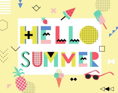  Yaz parlak memphis tarzı kart Merhaba. Dekoratif renkli çerçeve vektör çizim üzerinde geometrik öğeleri gıda ile tasarım 