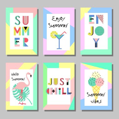 Yaz parlak memphis tarzı kartları ayarlayın. Dekoratif renkli çerçeve vektör çizim üzerinde geometrik öğeleri gıda ile tasarım 
