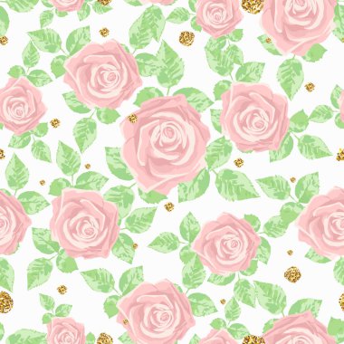 Altın glitter doku ve gül ile hafif seamless modeli. Arka plan, kumaş, tekstil