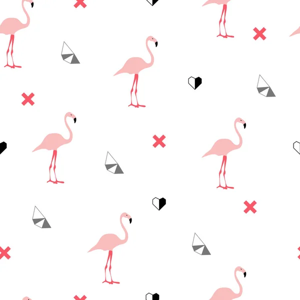 Lato bez szwu wzór różowe flamingi. Memphis styl geometrycznych elementów i roślin. Ilustracja wektorowa — Wektor stockowy