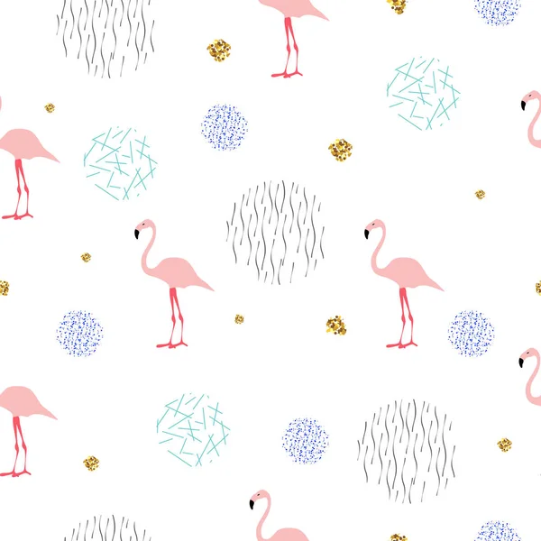 Padrão sem costura verão com flamingos rosa. Estilo Memphis com elementos geométricos e plantas. Ilustração vetorial —  Vetores de Stock