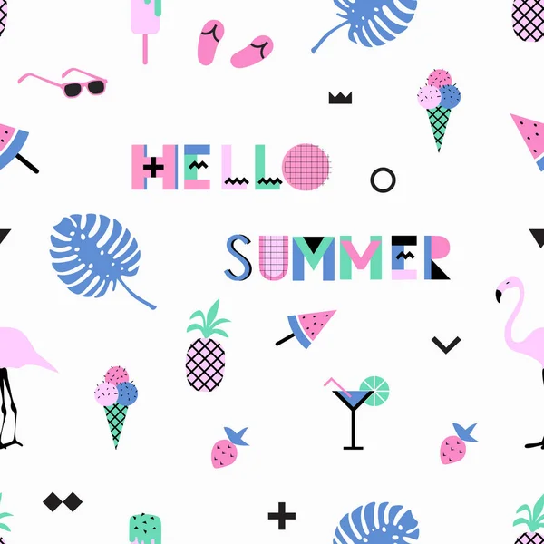 Sommer nahtloses Muster mit rosa Flamingos. Memphis-Stil mit geometrischen Elementen und Pflanzen. Vektorillustration — Stockvektor