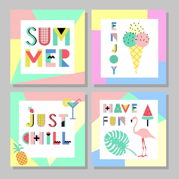 여름 밝은 멤피스 스타일 카드 설정합니다. 화려한 장식 프레임 벡터 일러스트 레이 션에 기하학적 요소 음식 디자인 — 스톡 벡터