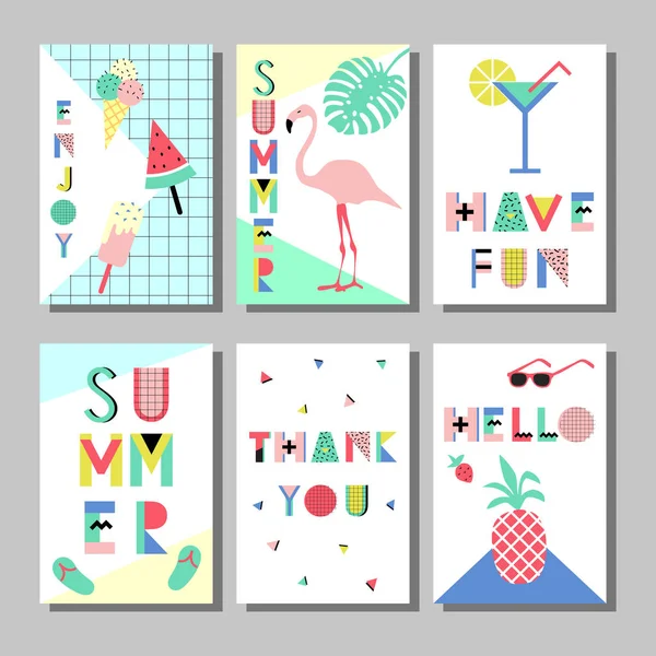 Yaz parlak memphis tarzı kartları ayarlayın. Dekoratif renkli çerçeve vektör çizim üzerinde geometrik öğeleri gıda ile tasarım — Stok Vektör