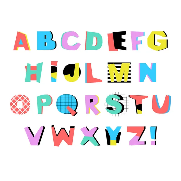 Artistieke alfabet in trendy Memphis geometrische stijl. Creatieve lettertype. Vector Engelse alfabet Set. — Stockvector