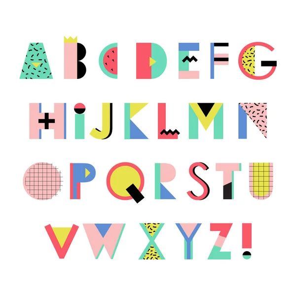 Artistieke alfabet in trendy Memphis geometrische stijl. Creatieve lettertype. Vector Engelse alfabet Set. — Stockvector