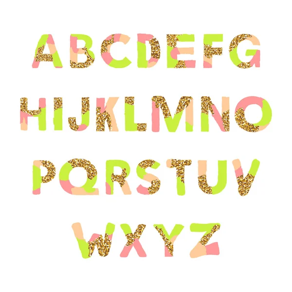 Doodle alfabet met gouden glitter textuur. Creatieve lettertype. Vector Engelse alfabet Set. — Stockvector