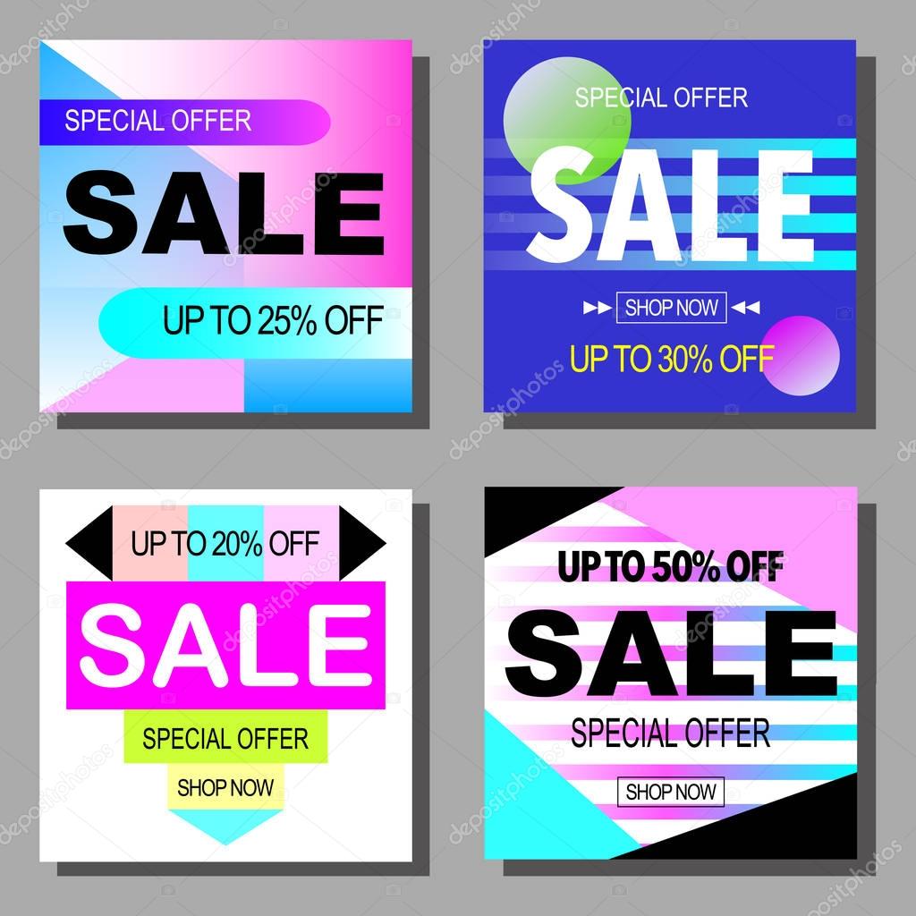 Super sale colorful bright posters set. Promo department store. Fashion product discount . Vector illustration. 80s - 90s Memphis style.