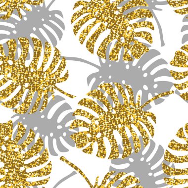 Monstera yaprakları ve altın glitter doku ile tropikal seamless modeli. Vektör çizim