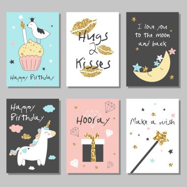 Sihirli tasarım kartları tek boynuzlu at, gökkuşağı, Kalpler, bulutlar ve diğerleri ile öğeleri ayarlayın. Altın glitter doku ile. Vektör çizim