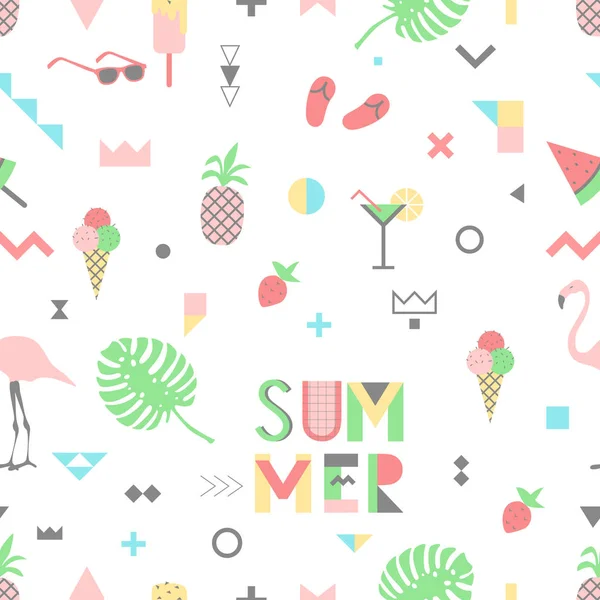 Lato bez szwu wzór różowe flamingi. Memphis styl geometrycznych elementów i roślin. Ilustracja wektorowa — Wektor stockowy