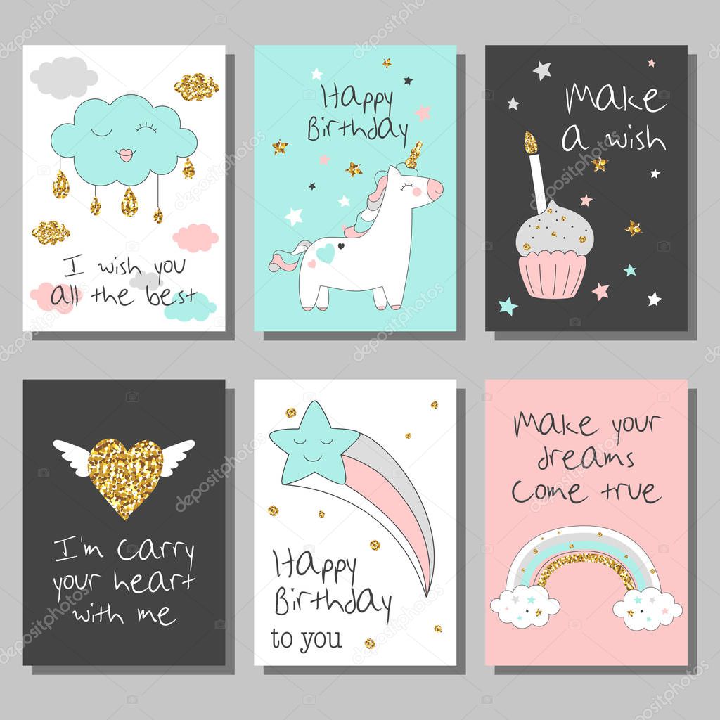 Magic design cards set with unicorn, rainbow, hearts, clouds and others elements. With golden glitter texture. Vector illustration