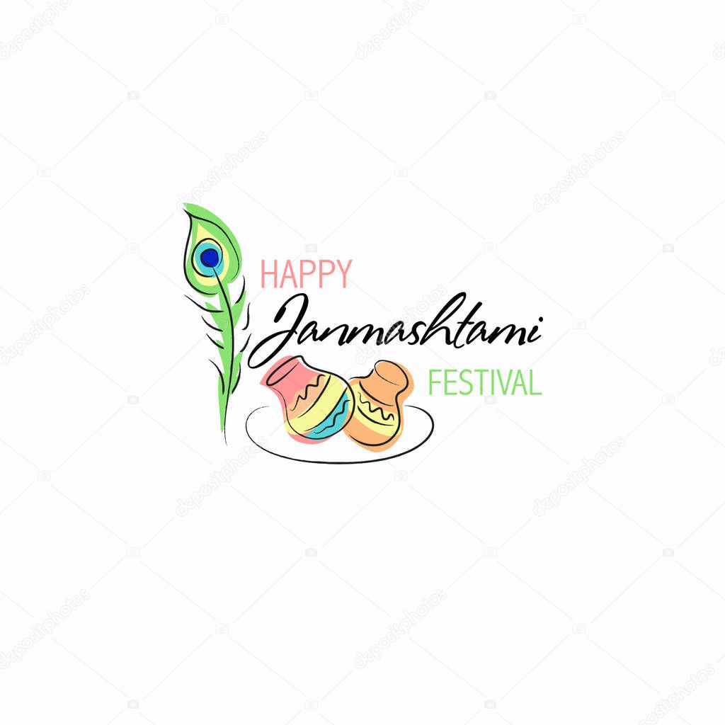 Happy Janmashtami festival typographic design with text, Lord Krishna, flute, sweets. Vector illustration