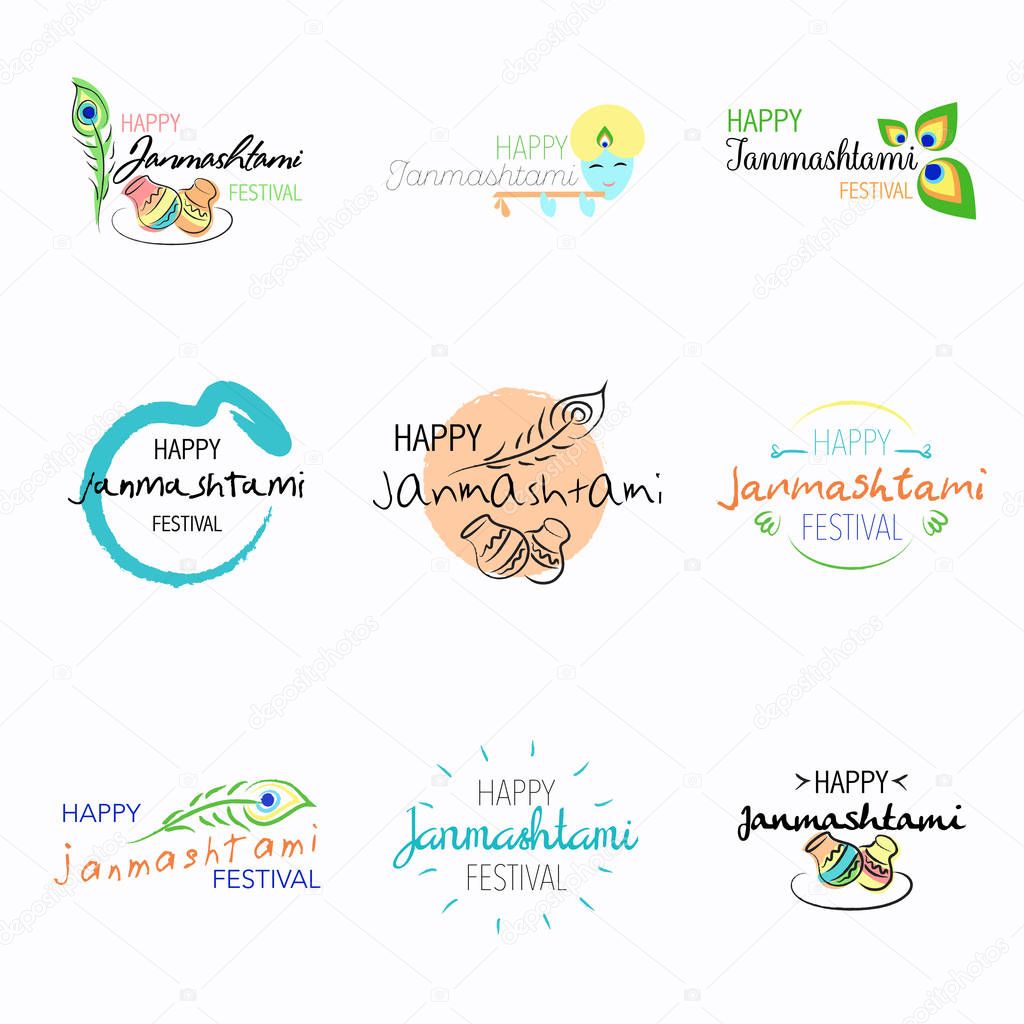 Happy Janmashtami festival typographic design with text, Lord Krishna, flute, sweets. Vector illustration