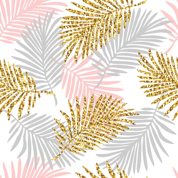 Tropisches nahtloses Muster mit Monstera und Palmblättern und goldener Glitzertextur. Vektorillustration — Stockvektor