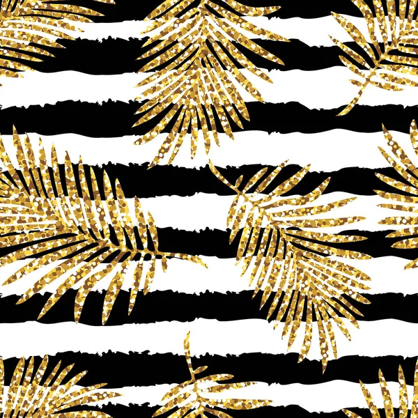 Patrón tropical sin costuras con hojas de monstera y palma y textura de brillo dorado. Ilustración vectorial — Vector de stock