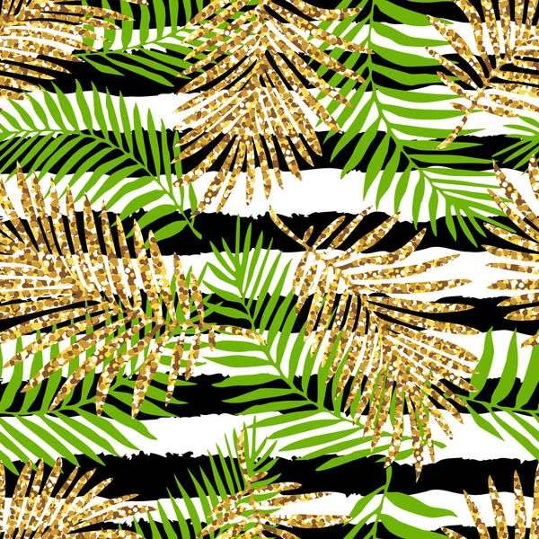 Motif tropical sans couture avec des feuilles de monstère et de palmier et une texture dorée pailletée. Illustration vectorielle — Image vectorielle