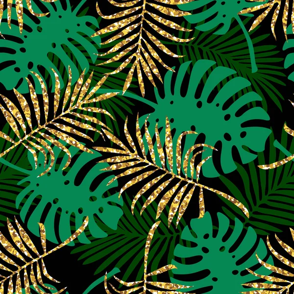 Patrón tropical sin costuras con hojas de monstera y palma y textura de brillo dorado. Ilustración vectorial — Vector de stock